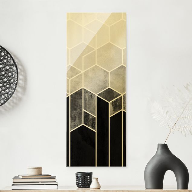 Wandbilder abstrakt Goldene Geometrie - Sechsecke Schwarz Weiß
