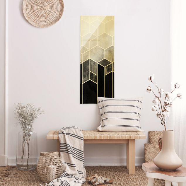 XXL Glasbilder Goldene Geometrie - Sechsecke Schwarz Weiß