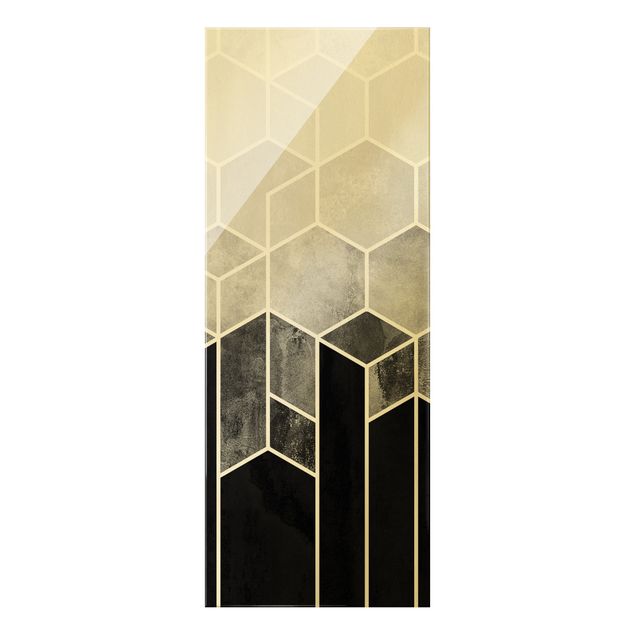 Abstrakte Glasbilder Goldene Geometrie - Sechsecke Schwarz Weiß