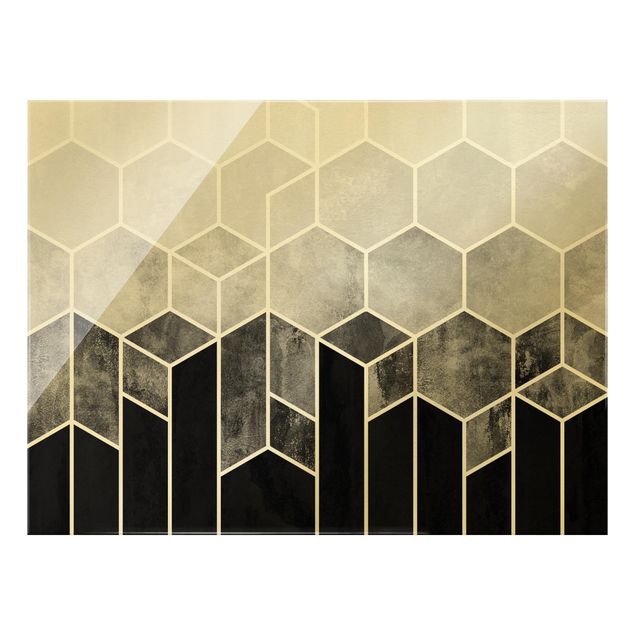 Glasbilder Abstrakt Goldene Geometrie - Sechsecke Schwarz Weiß