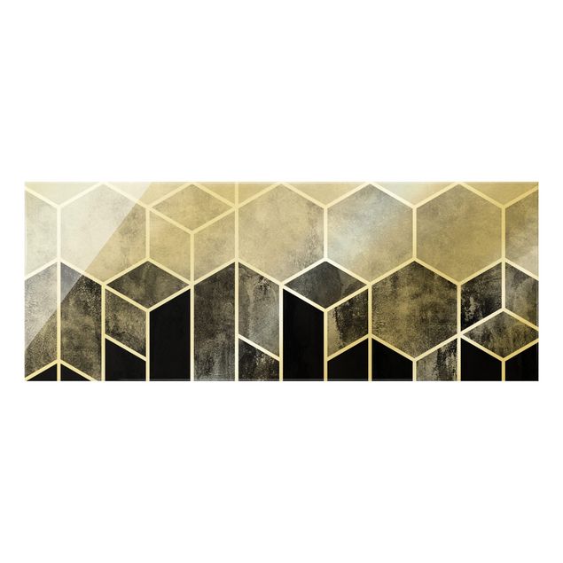 Glasbild Abstakt Goldene Geometrie - Sechsecke Schwarz Weiß