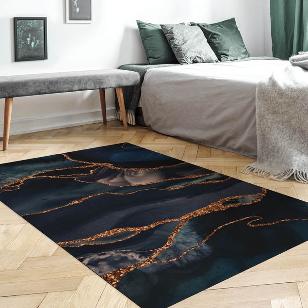 Moderne Teppiche Goldene Glitzer Wellen vor Blau
