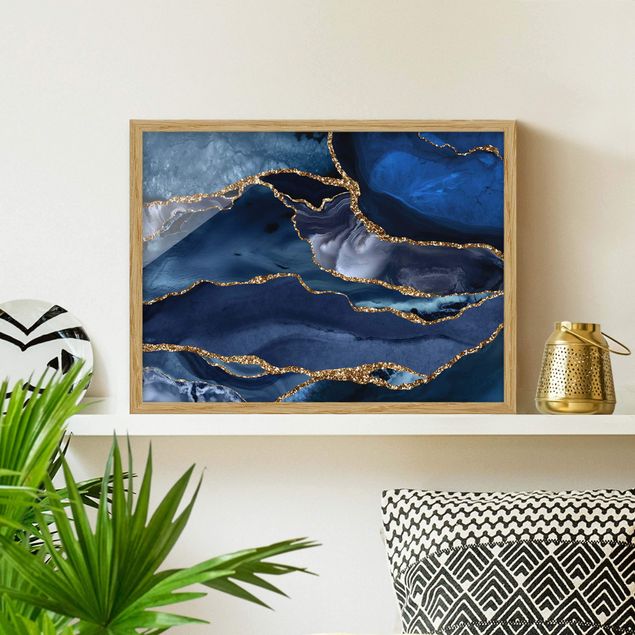 Wandbilder abstrakt Goldene Glitzer Wellen vor Blau