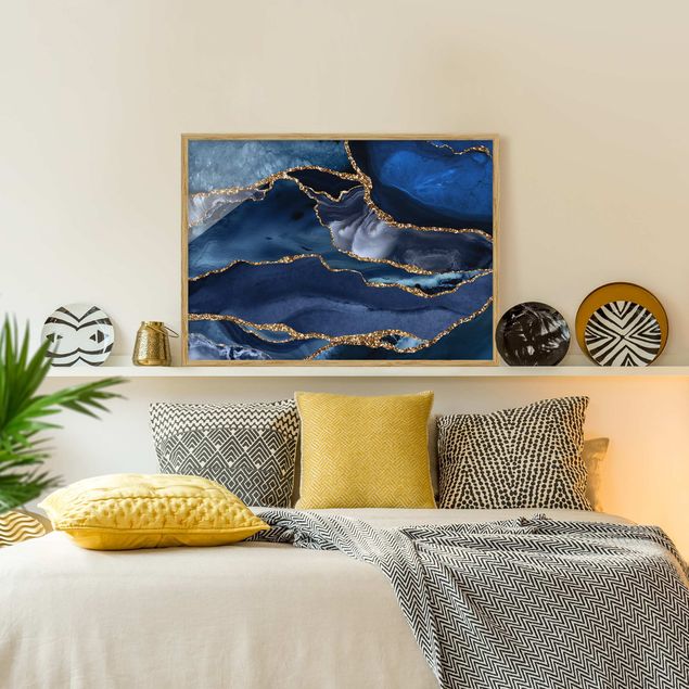 Schöne Wandbilder Goldene Glitzer Wellen vor Blau