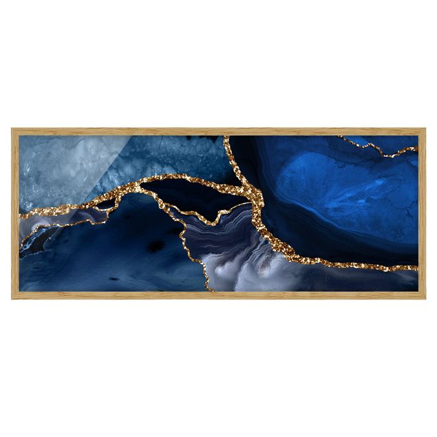 Wandbilder mit Rahmen Goldene Glitzer Wellen vor Blau