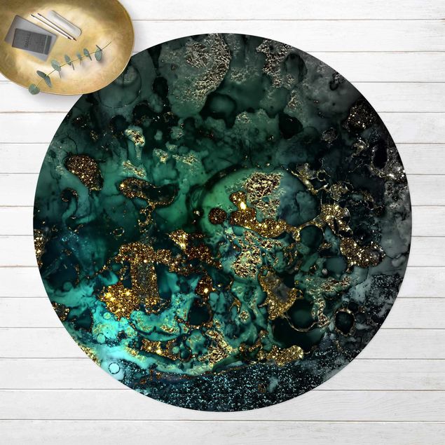 Runder Vinyl-Teppich - Goldene Meeres-Inseln Abstrakt