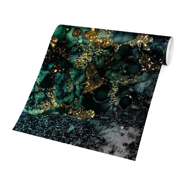 Wandtapete schwarz Goldene Meeres-Inseln Abstrakt