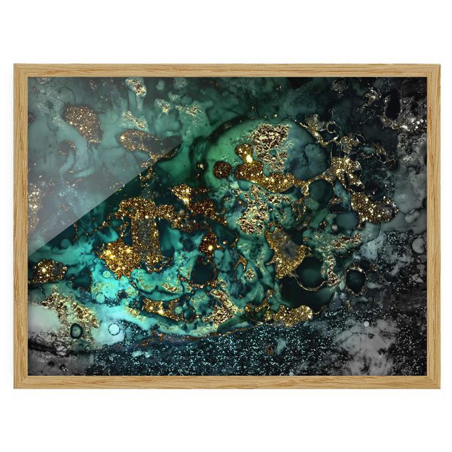 Gerahmte Kunstdrucke Goldene Meeres-Inseln Abstrakt