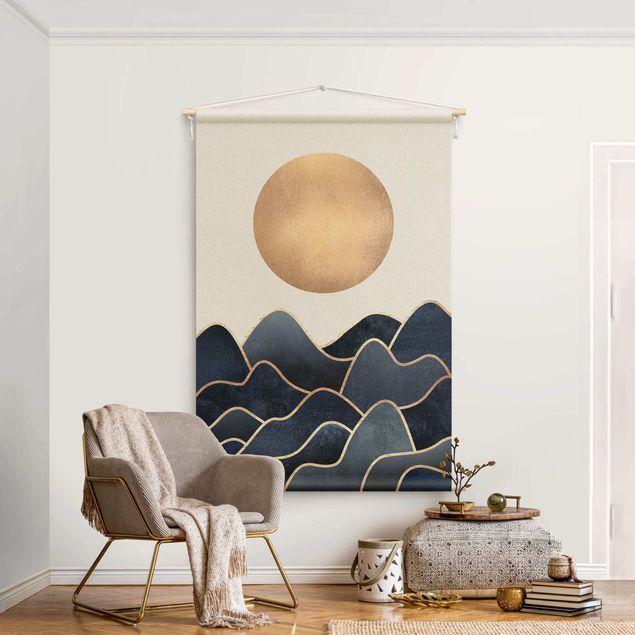 Wandbilder abstrakt Goldene Sonne blaue Wellen