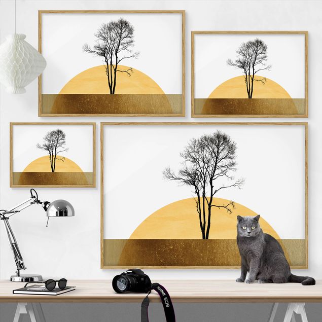 Bild mit Rahmen - Goldene Sonne mit Baum - Querformat