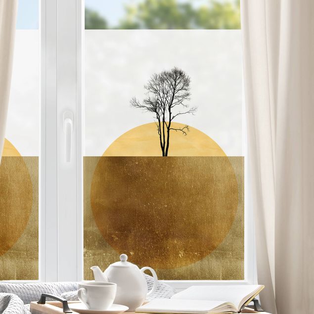 Fensterfolie Farbig Goldene Sonne mit Baum