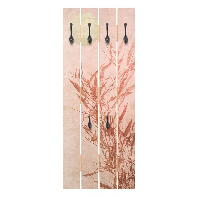 Wandgarderobe Holzpalette - Goldene Sonne mit Rosa Bambus