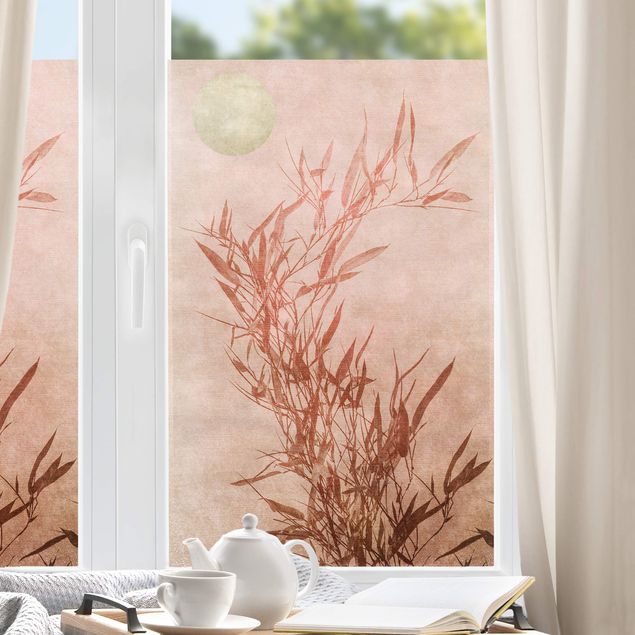 Fensterfolie Farbig Goldene Sonne mit Rosa Bambus