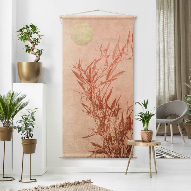 Wandteppich Natur Goldene Sonne mit Rosa Bambus