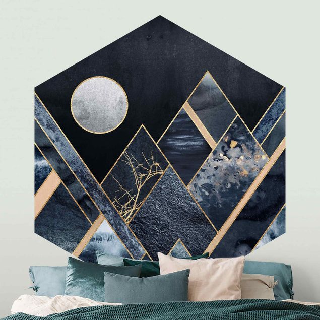 Fototapete Aquarell Goldener Mond abstrakte schwarze Berge