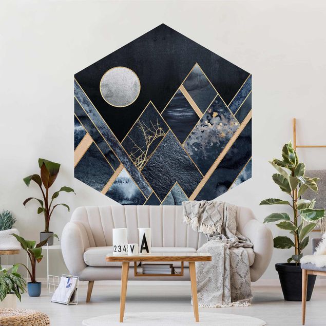 Tapete abstrakt Goldener Mond abstrakte schwarze Berge