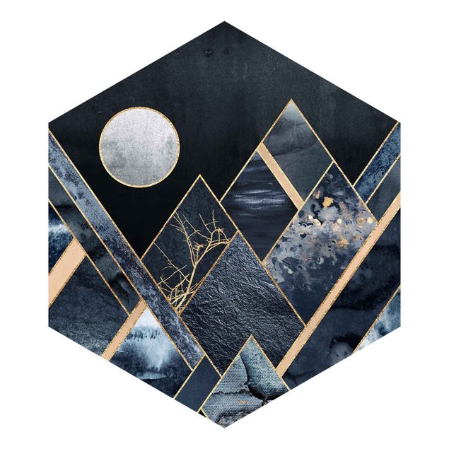 Moderne Tapeten Goldener Mond abstrakte schwarze Berge