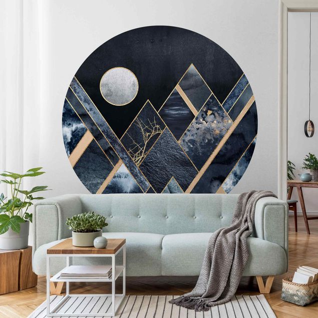 Fototapete rund Goldener Mond abstrakte schwarze Berge