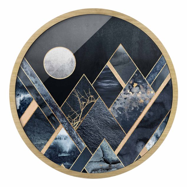 Gerahmte Bilder abstrakt Goldener Mond abstrakte schwarze Berge