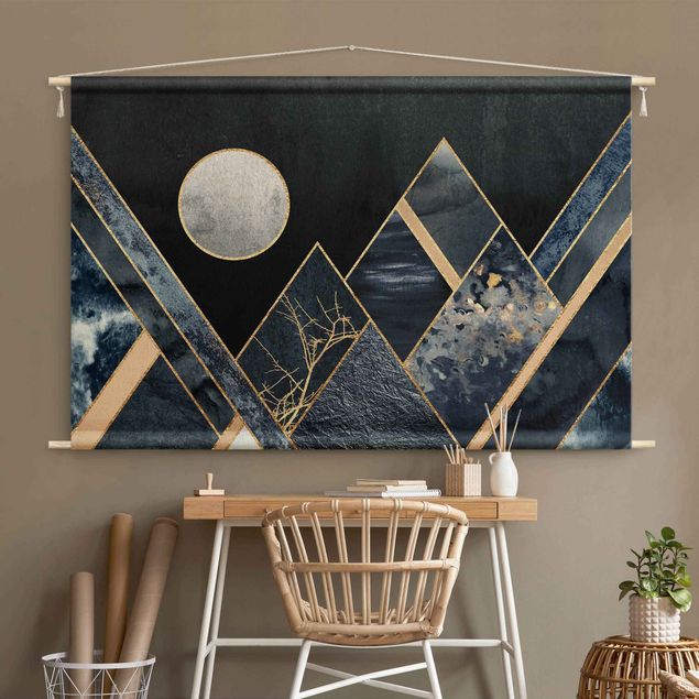 Moderne Wandteppiche Goldener Mond abstrakte schwarze Berge