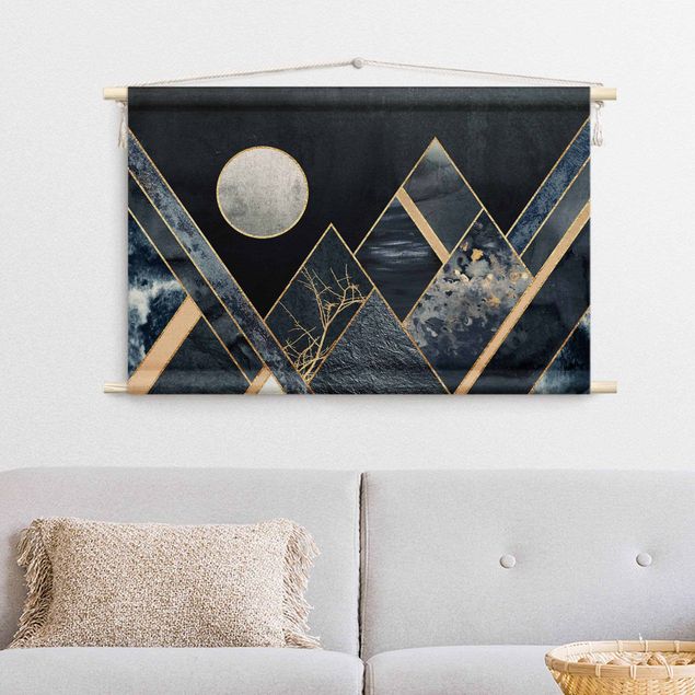 Wandbehang XXL Goldener Mond abstrakte schwarze Berge