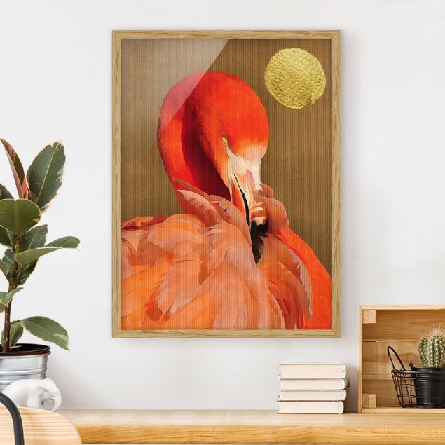 Wandbilder Tiere Goldener Mond mit Flamingo