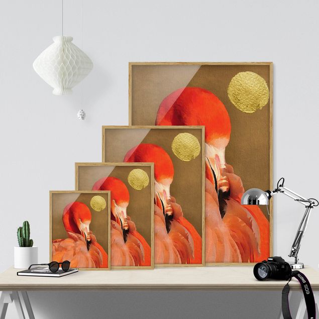 Bild mit Rahmen - Goldener Mond mit Flamingo - Hochformat