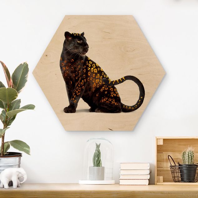 Hexagon Bild Holz - Goldener Panther