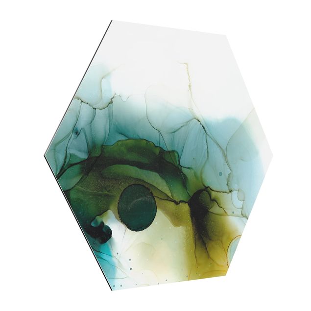 Hexagon Bild Alu-Dibond - Goldener Waldspaziergang