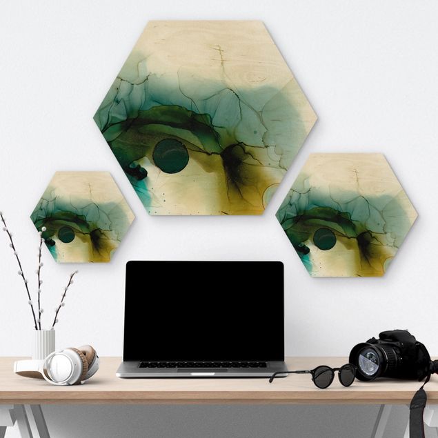 Hexagon Bild Holz - Goldener Waldspaziergang
