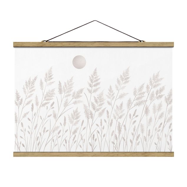 Stoffbild mit Posterleisten - Gräser und Mond in Silber - Querformat