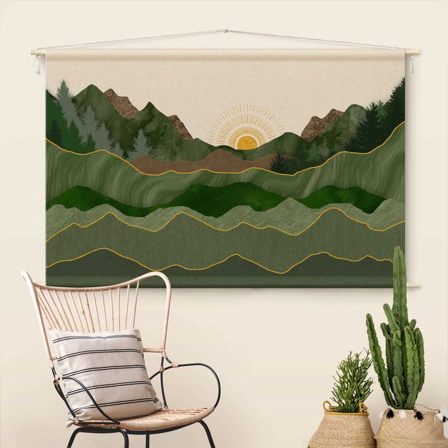 Wandteppich Wald Grafische Landschaft mit Sonne