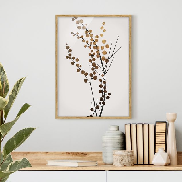 Kunstdrucke mit Rahmen Grafische Pflanzenwelt - Beeren Gold
