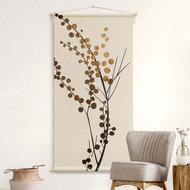 Wandteppich Kunst Grafische Pflanzenwelt - Beeren Gold