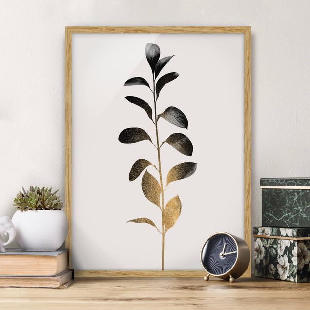 Blumen Bilder mit Rahmen Grafische Pflanzenwelt - Gold und Grau