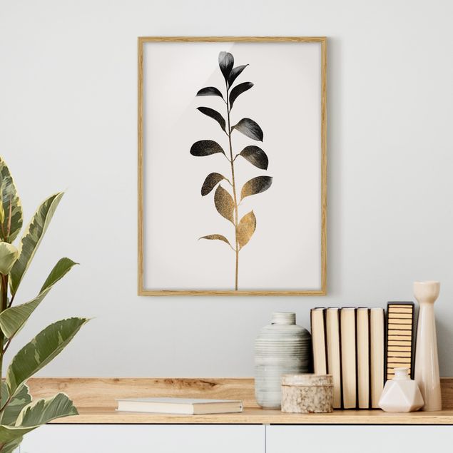Kunstdrucke mit Rahmen Grafische Pflanzenwelt - Gold und Grau