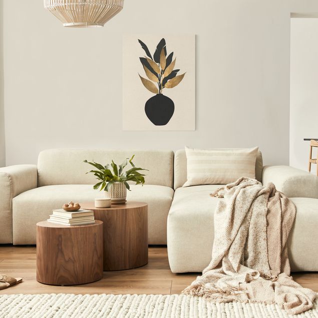 Leinwandbilder Wohnzimmer modern Grafische Pflanzenwelt - Gold und Schwarz