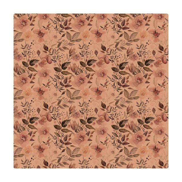 Kork-Teppich - Graue Blätter mit Aquarell Blumen - Quadrat 1:1