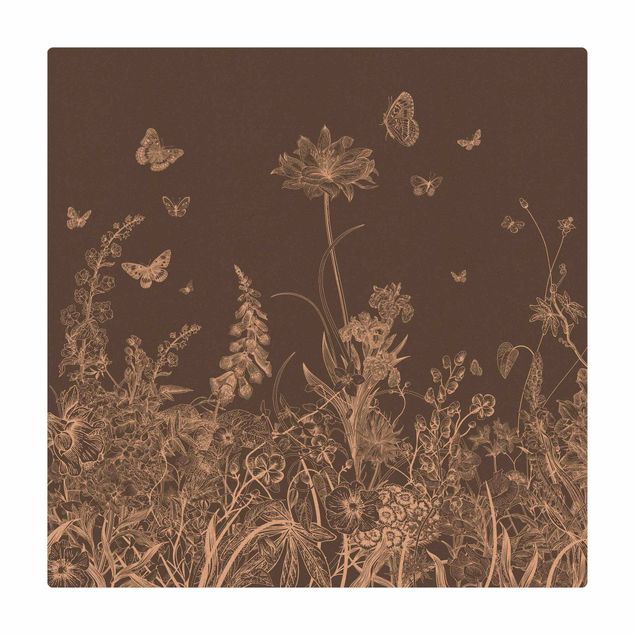 Teppich Esszimmer Große Blumen mit Schmetterlingen in Grau