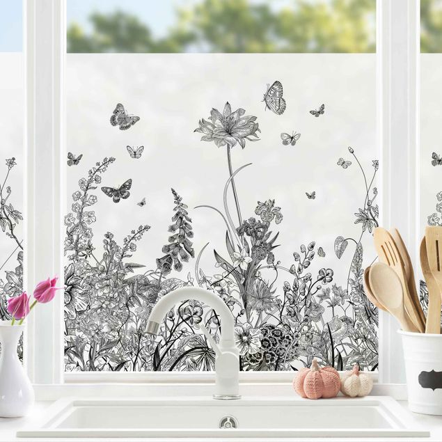 Tier Fensterbilder Große Blumen mit Schmetterlingen in Schwarz