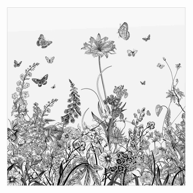 Fensterbilder selbstklebend Große Blumen mit Schmetterlingen in Schwarz