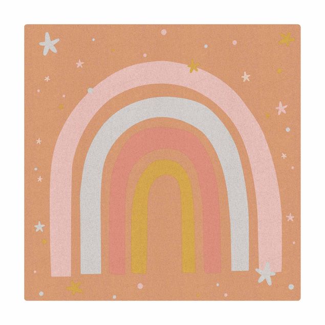 Kork-Teppich - Großer Regenbogen mit Sternen und Pünktchen - Quadrat 1:1