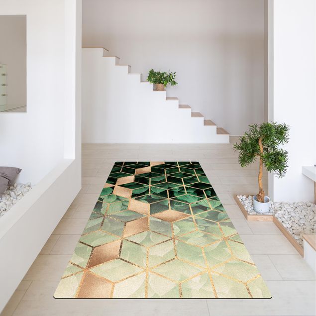 Moderner Teppich Grüne Blätter goldene Geometrie