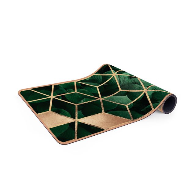 Teppich grün Grüne Blätter goldene Geometrie