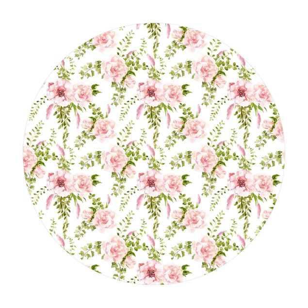 Runder Vinyl-Teppich - Grüne Blätter mit Rosa Blüten in Aquarell
