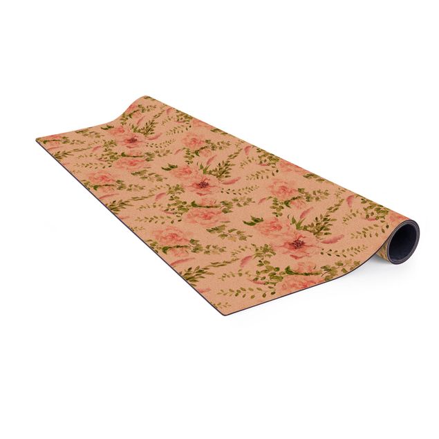 Teppich Esszimmer Grüne Blätter mit Rosa Blüten in Aquarell