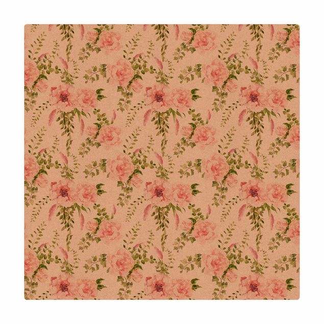 Kork-Teppich - Grüne Blätter mit Rosa Blüten in Aquarell - Quadrat 1:1