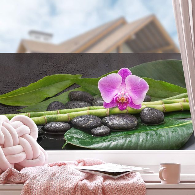 Fensterfolie Wohnzimmer Grüner Bambus mit Orchideenblüte