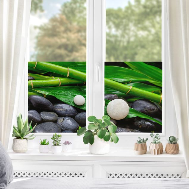 XXL Fensterbilder Grüner Bambus mit Zen Steinen