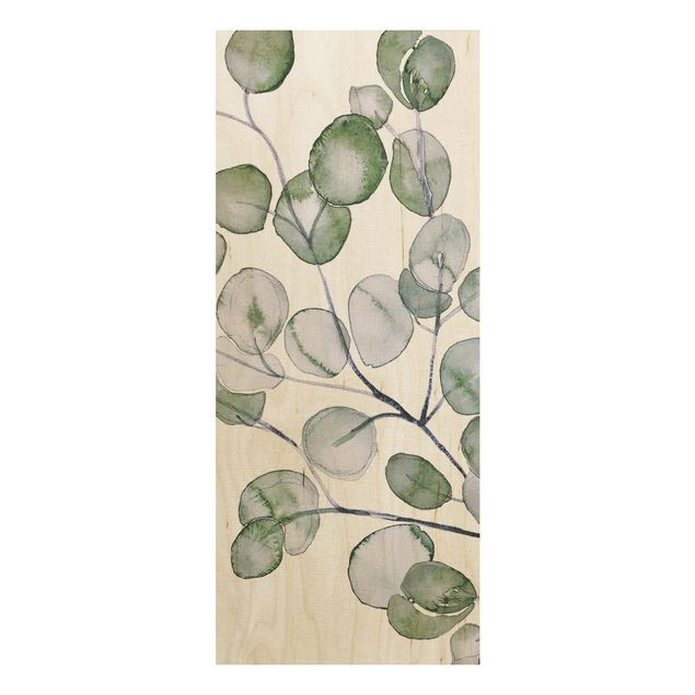 Holzbild - Grünes Aquarell Eukalyptuszweig - Hochformat